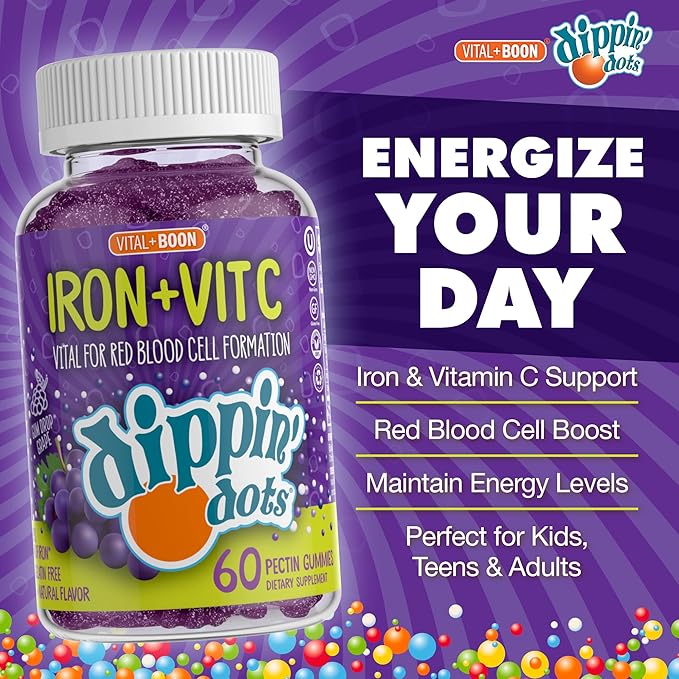 Iron with Vitamin C & B12 Gummies (60 Count) Vital for Red Blood Cell Formation | Gum Drop Grape Real Pectin Fruit Chew Supplements | Vegan, Non-GMO, Gluten Free & Gelatin Free