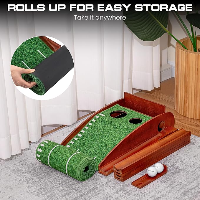 Putting Green Indoor with Automatic Ball Return – Golf Putting Mat with Putter Holder, 2 Golf Balls, Marking Tool & Storage – Portable Golf Training Aid & Gift for Men Home Office