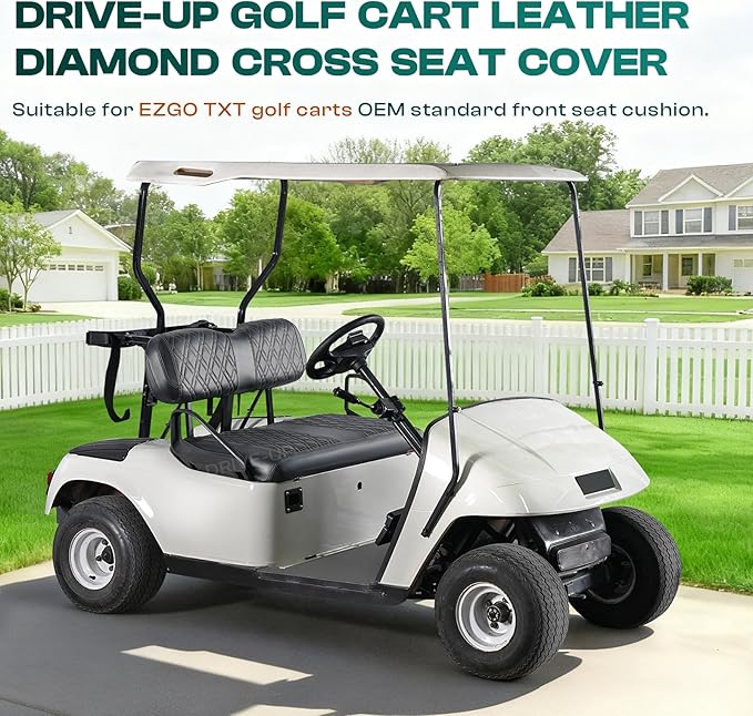 Drive-up Black Golf Cart PVC Seat Covers, EZGO TXT Leather Front Seat Covers with Brown Stitching, Diamond Cross Pattern, Adjustable Buckle