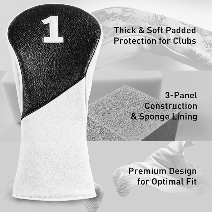 FINGER TEN Golf Club Head Covers for Woods Driver Fairway Hybrid with Interchangeable Number Tag 1 3 5 Premium Leather Headcovers for Women Men