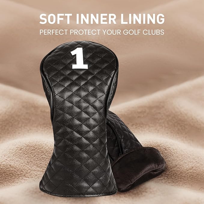 FINGER TEN Golf Club Head Covers for Woods Driver Fairway Hybrid with Interchangeable Number Tag 1 3 5 Premium Leather Headcovers for Women Men