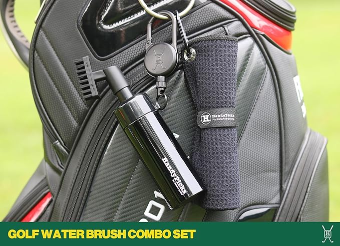 Handy Picks Golf Club Cleaner with Water Bottle Holds 5.5 OZ, Heavy Duty Metal Retractable Magnetic Clip, Waffle Microfiber Golf Towel, Ideal Water Brush Combo