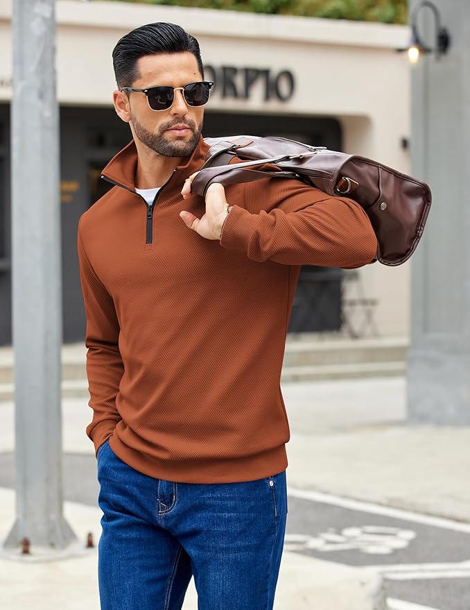 COOFANDY Mens Quarter Zip Pullover Sweatshirts Lightweight Long Sleeve Mock Neck Sweater Polo