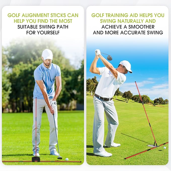 Pro Golf Alignment Sticks System with Angle Adjustment Plate, Golf Trainer Aid Teaching Equipment for Angle Adjustment, Aiming, Putting, Swing, Golf Accessories for Men Women(Red)