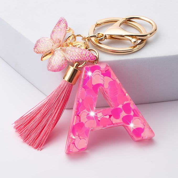 Suweibuke Colourful Cute Initial Letter Keychains for Women Girls with Tassel Butterfly, Charm for Purse Handbags Backpacks