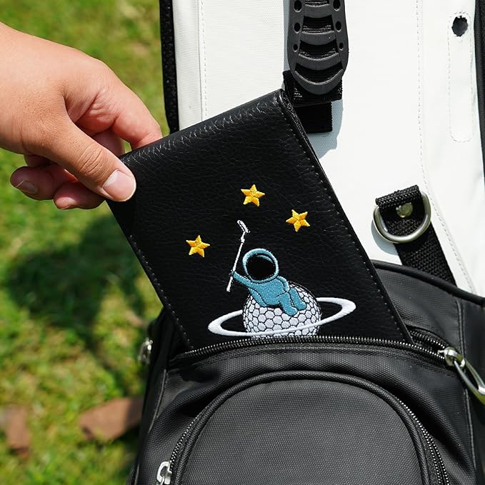 2thpart Astronaut Embroidery Golf Scorecard Holder & Yardage Book Cover, Pencil Included, Black, 7.1" x 4.4"