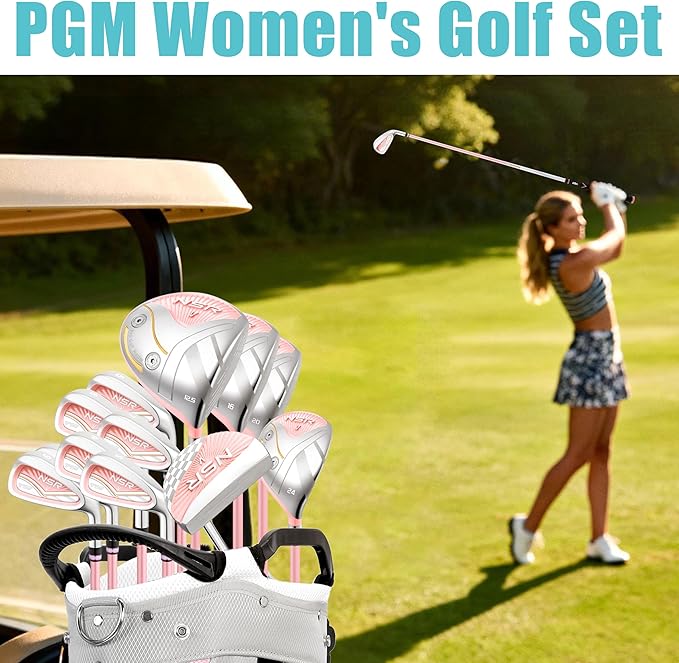 PGM 18 Piece Women's Golf Clubs Full Set for Right Handed, Complete Golf Set for Beginner to Intermediate Golfers with Driver, Woods, Hybrid, Irons, P/S Wedges, Putter, Headcovers and Stand Bag