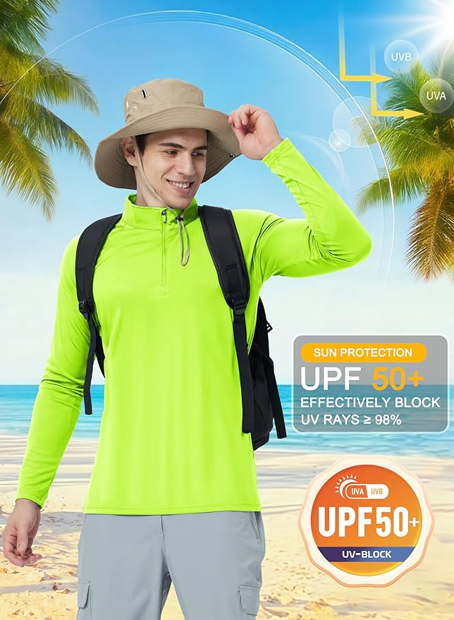 CRYSULLY Men's Long Sleeve 1/4 Zip Shirts Sun Protection Pullover UPF 50+ Rash Guard Running Lightweight T Shirt