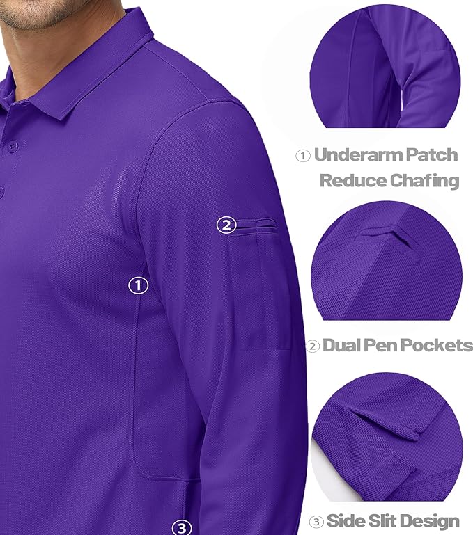 MAGCOMSEN Men's Polo Shirts 3 Button Quick Dry Performance Long Sleeve Tactical Shirts Pique Jersey Golf Shirt