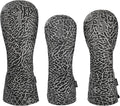 Golf Driver Head Covers 3-Pack for Men & Women - Premium PU Leather with Elephant Embroidery, Double Elastic Band (Driver/Fairway/Hybrid), Waterproof & Durable - White Grey or Black Grey