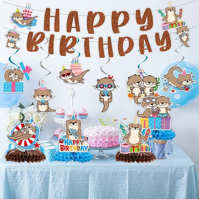 Otter Birthday Party Decorations - 12PCS Sea Otter Party Decorations Happy Birthday Banners Hanging Swirls Honeycomb Centerpieces Under the Sea Ocean Animal Themed Supplies Decor