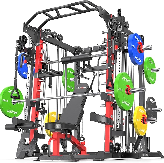 Smith Machine，Multi-Function Squat Rack Power Cage with Cable Crossover System,with Optional Weight Bench, Olympic Barbell Weight Set, for Home Gym