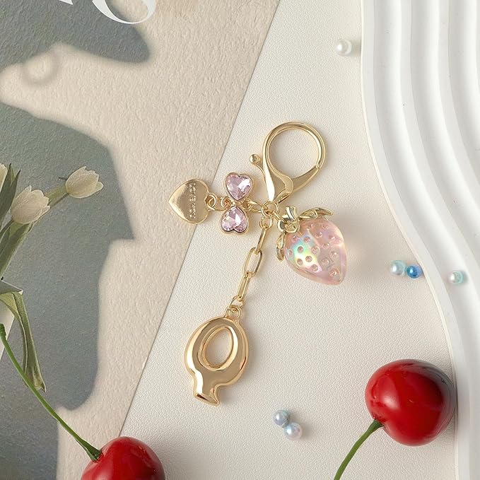 Snycler Bubble Initial Keychain with Strawberry & Bow- Gold Letter Bag Charms for Women, Cute Purse Handbag Accessories