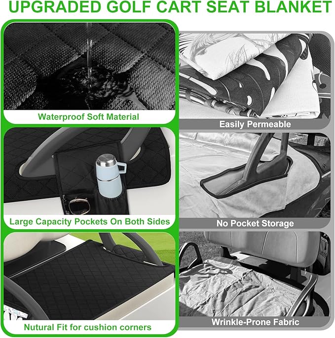 Universal Golf Cart Seat Covers Waterproof Golf Cart Seat Protector with 4 Side Pockets & Anti-Slip Bottom Fits for Most Golf Carts,Fits for EZGO, Club Car, Yamaha and More(Black with side pockets)