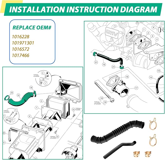 Club Car DS Air Intake Hose and Crankcase Vent Tube with Clamp Repair Kit for Club Car DS 1992-1997 Gas Golf Carts,Replace OEM# 1016228 101971301 1016572 1017466