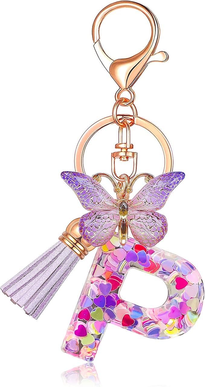 JINGUAZI Initial letter Keychains for Women Tassel Butterfly Pink Purple Cute Car Keychain for Wallet Backpack bag charm
