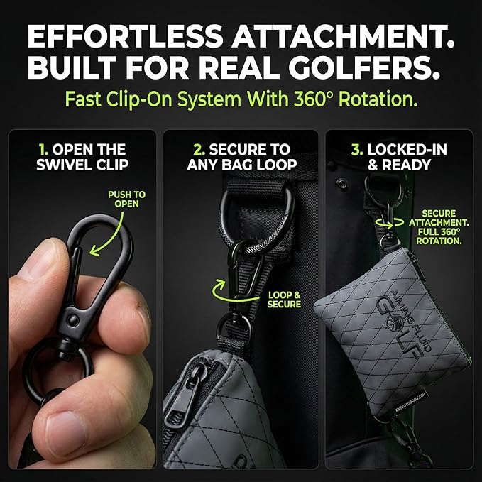 Premium Leather Golf/Travel Valuables Pouch – Luxury Zippered Utility Bag I Diamond Stitching I 360° Swivel Clip I Soft Interior for Golf Accessories & Travel Essentials (Black)