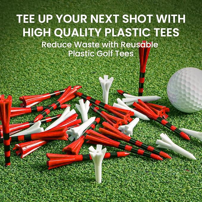 FINGER TEN Unbreakable Golf Tees Plastic 80 3 1/4" or 2 3/4" Driver Tees with 20 1 1/2" Iron Tees Assorted Pack, Low Resistance & Consistent Height Long Short Tees with Bright Colors