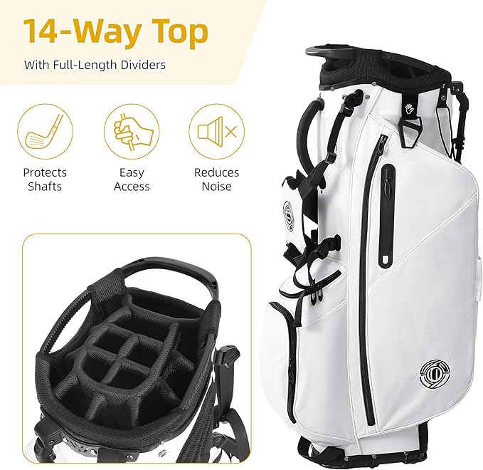 Golf Stand Bag 14 Way, Lightweight Golf Bags for Men Women with Stand, Padded Ergonomic Double Strap, Full Length Dividers, Multiple Pockets, Rain Hood