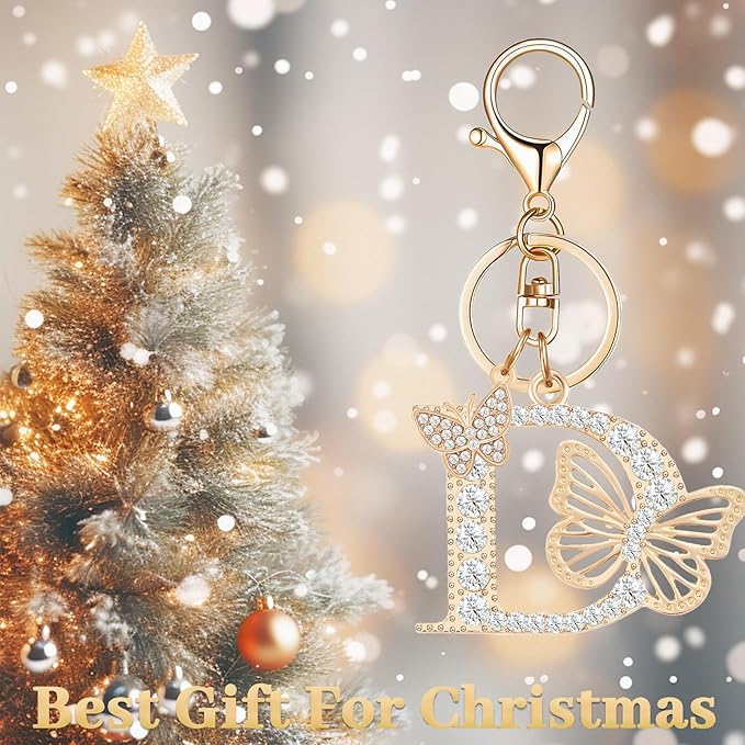 Gold Plated Alphabet Initial Letter Keyring Keychain for Women Girls Crystal Key Chains for Wallet Backpack Bag Charm