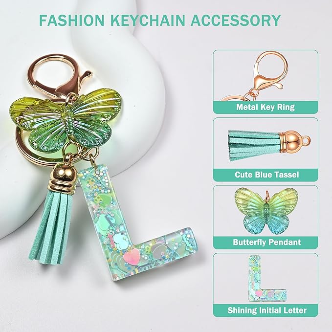 JINGUAZI Initial letter Keychains for Women Tassel Butterfly Pink Purple Cute Car Keychain for Wallet Backpack bag charm