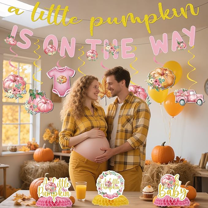 Pumpkin Baby Shower Decorations - 13PCS a Little Pumpkin Is on the Way Baby Shower Banners Hanging Swirls Honeycomb Centerpieces Pink Fall Gender Reveal Party Decorations Decor Supplies