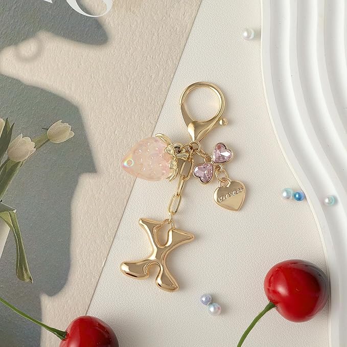 Snycler Bubble Initial Keychain with Strawberry & Bow- Gold Letter Bag Charms for Women, Cute Purse Handbag Accessories