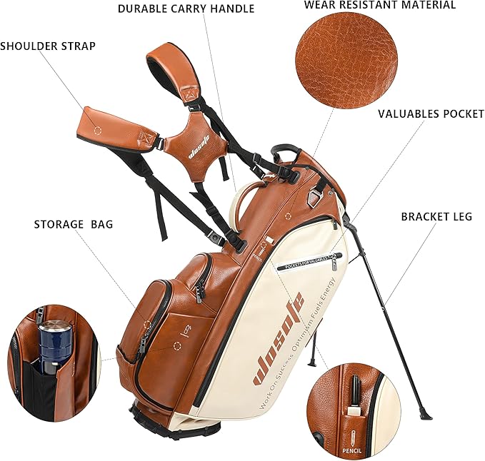 Lightweight 14-Way Golf Stand Bag, PU Leather Golf Bag Waterproof Men Women Full Length Top Dividers, Multiple 8 Pockets Cooler Pouch Adjustable Detachable Shoulder Dual Straps Rain Cover Hood