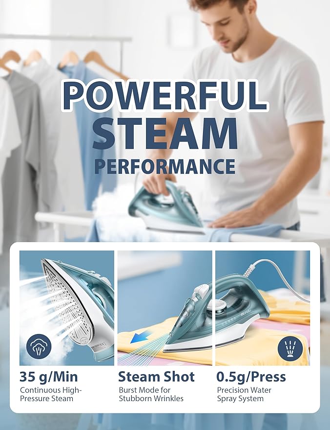 Burst steam Iron for Clothes - 1500W Iron with Ceramic Coated Soleplate, Rapid Heating, Self-Cleaning, Auto-Off, 11.84oz Water Tank, Precise Thermostat, Home Use Green