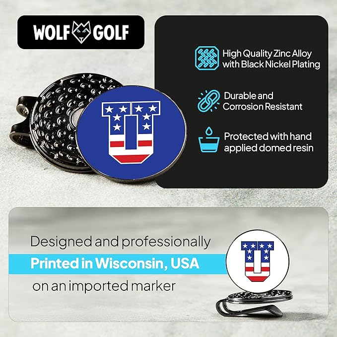 Wolf Golf Towels Golf Ball Marker Hat Clip | USA Monogram | 1 Magnetic Clip + 3 Ball Markers | Patriotic Golf Accessories for Men & Women
