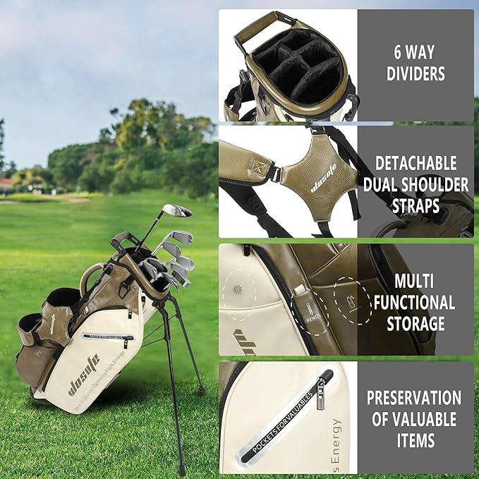 Lightweight 14-Way Golf Stand Bag, PU Leather Golf Bag Waterproof Men Women Full Length Top Dividers, Multiple 8 Pockets Cooler Pouch Adjustable Detachable Shoulder Dual Straps Rain Cover Hood