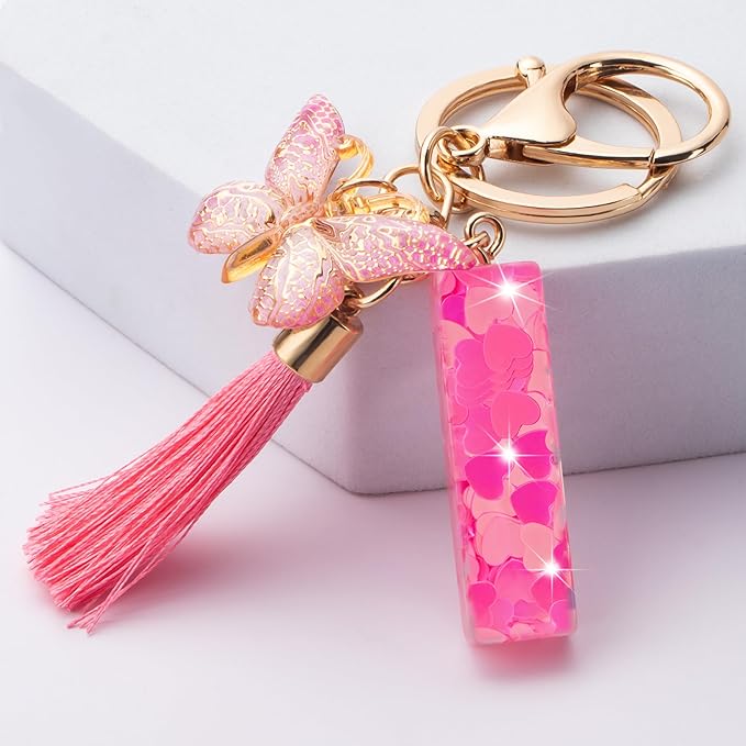 Suweibuke Colourful Cute Initial Letter Keychains for Women Girls with Tassel Butterfly, Charm for Purse Handbags Backpacks