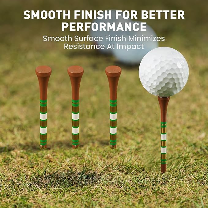 FINGER TEN Golf Tees Wood 3 1/4 2 3/4 Inch Value 50/120 Count, Durable Tees with Bright Colored Stripes for Consistent Height, 70mm 83mm Long Tees Ideal for Golfers