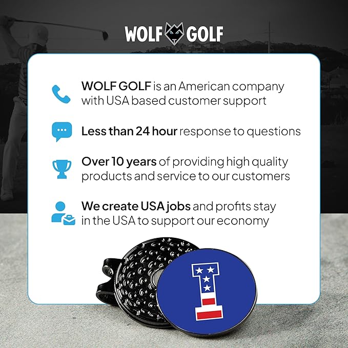 Wolf Golf Towels Golf Ball Marker Hat Clip | USA Monogram | 1 Magnetic Clip + 3 Ball Markers | Patriotic Golf Accessories for Men & Women