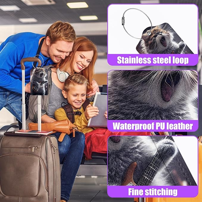 3 Pack Funny Guitar Cat Luggage Tags for Suitcase Animal PU Leather Travel Luggage Tag Privacy Cover ID Label for Women Men Baggage Backpack Handbag School Bag