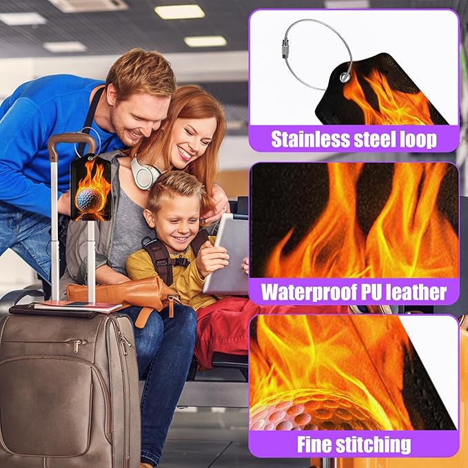3 Pack Golf Ball Luggage Tags for Suitcase PU Leather Travel Luggage Tag Privacy Cover ID Label with Stainless Steel Loop for Women Men Baggage Backpack Handbag School Bag
