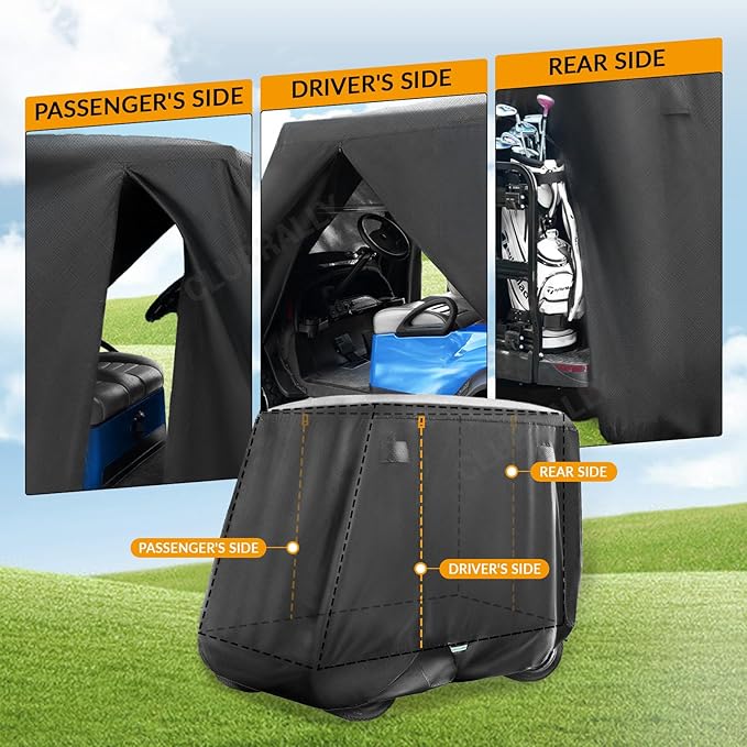 Golf Cart Cover with Doors and Reflective Stripes, 600D Waterproof Golf Cart Cover 2/4 Passenger for Club Car, EZGO, Yamaha Golf Carts - Black/Grey