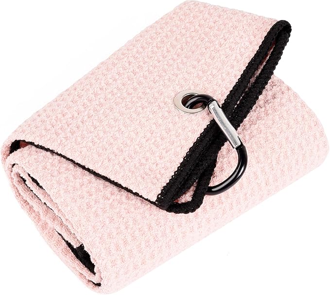 Mile High Life Microfiber Golf Towel, 21" X 24", Waffle Pattern w Clip, Super Absorbent Tri-fold Large Towels, Golf Bag Accessories for Men & Women（Pink）