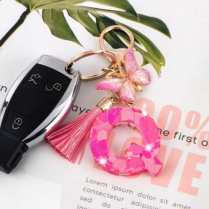 Suweibuke Colourful Cute Initial Letter Keychains for Women Girls with Tassel Butterfly, Charm for Purse Handbags Backpacks