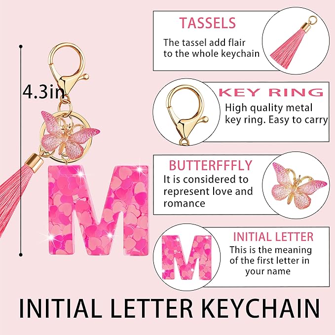 Suweibuke Colourful Cute Initial Letter Keychains for Women Girls with Tassel Butterfly, Charm for Purse Handbags Backpacks