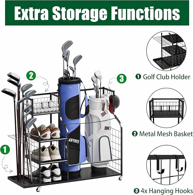 Golf Bag Storage Organizer with Wheels, Garage Golf Equipment Rack for 2 Golf Bags, Clubs, Shoes & Accessories – Heavy Duty Metal Golf Bag Storage Stand for Garage, Basement, Home or Shed