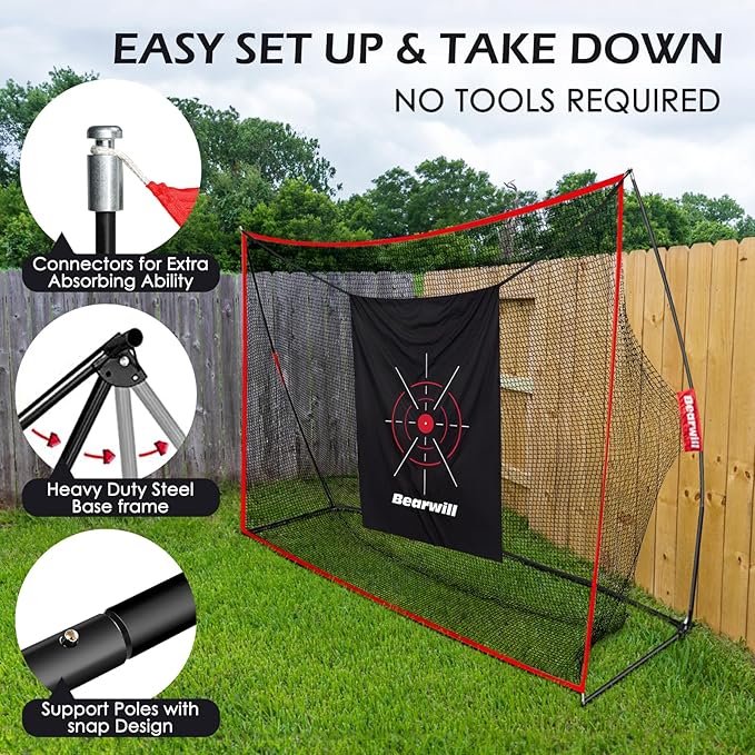 Bearwill Golf Net, 10x7ft Heavy Duty Golf Practice Nets with Mat, Target Cloth, 8 Tees, 6 Balls, Carry Bag for Backyard Driving Chipping Indoor Outdoor Training