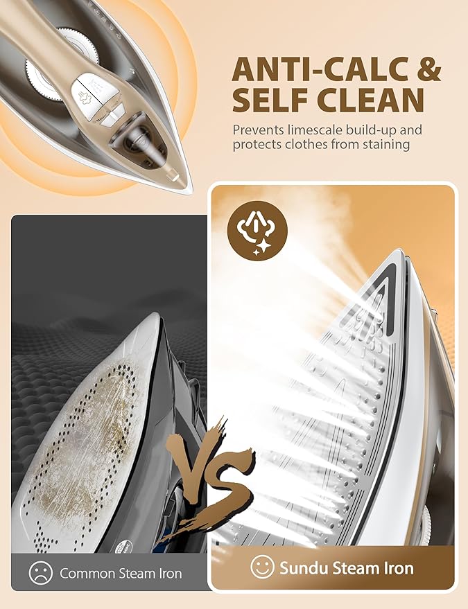 1500W Steam Iron for Clothes with 11.84oz Water Tank, 15-Second Fast Heat-Up, Ceramic Soleplate, Anti-Drip & Auto-Off, Burst of Steam & Self-Cleaning