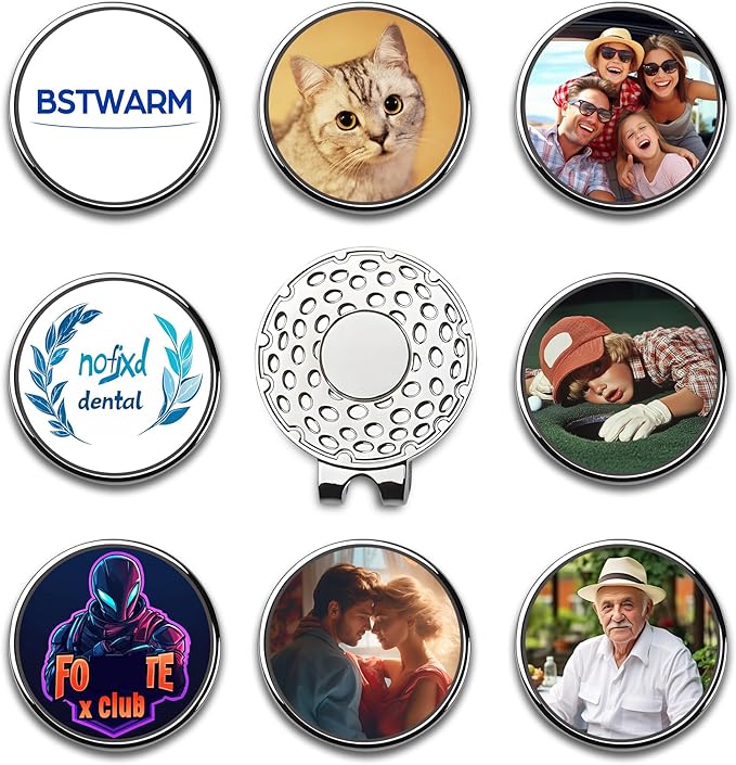 Custom Golf Ball Markers with Magnetic Hat Clip - Personalized Ball Marker Hat Clip with 1" Diameter Ball Marker Customized with Your Photo Logo Text Name