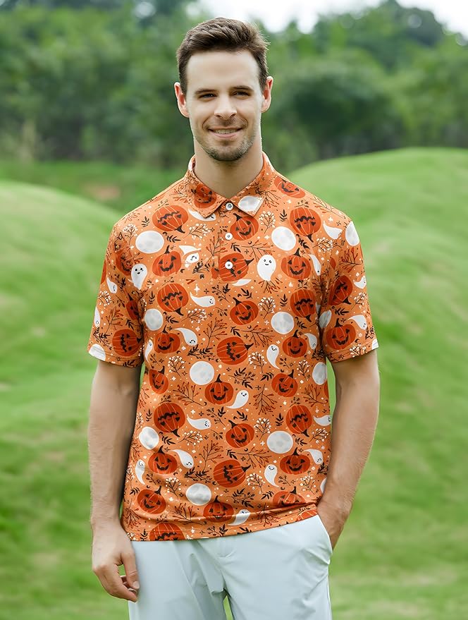 Esabel.C Golf Shirts for Men Dry Fit Performance Short Sleeve Print Moisture Wicking Collared Shirt