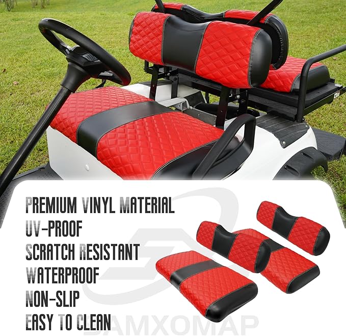 Golf Cart Front and Rear Seat Covers Waterproof and Sun Resistant Marine Grade Vinyl Leather Seat Cover Accessories for EZGO TXT 1994-2013,Red(4PCS)