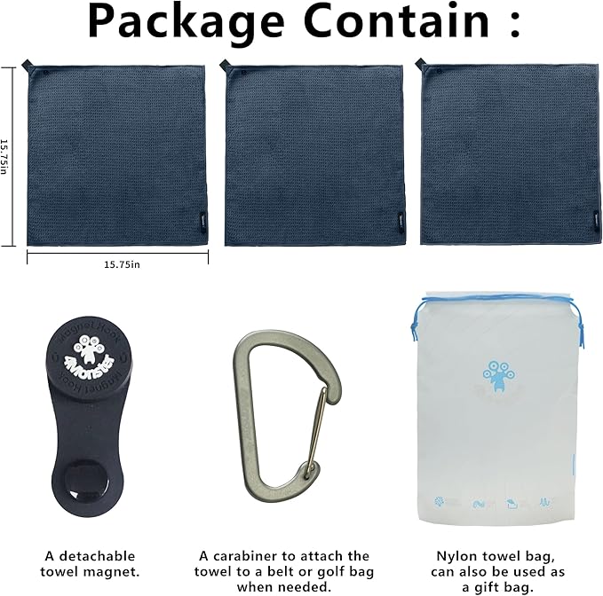 4Monster Golf Towels 3-Pack with Detachable Magnet and Portable Pouch, Quick-Dry Microfiber Golf Towel Set for Golf Bags,Custom Towel Gifts for Men or Women (3, Navy Blue)