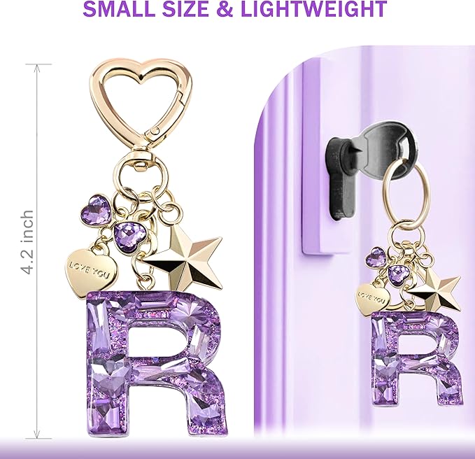 Cute Bling Keychain initial Letter Butterfly Star Pink Purple Gift for Women Girls Bag Cup Charms Accessories