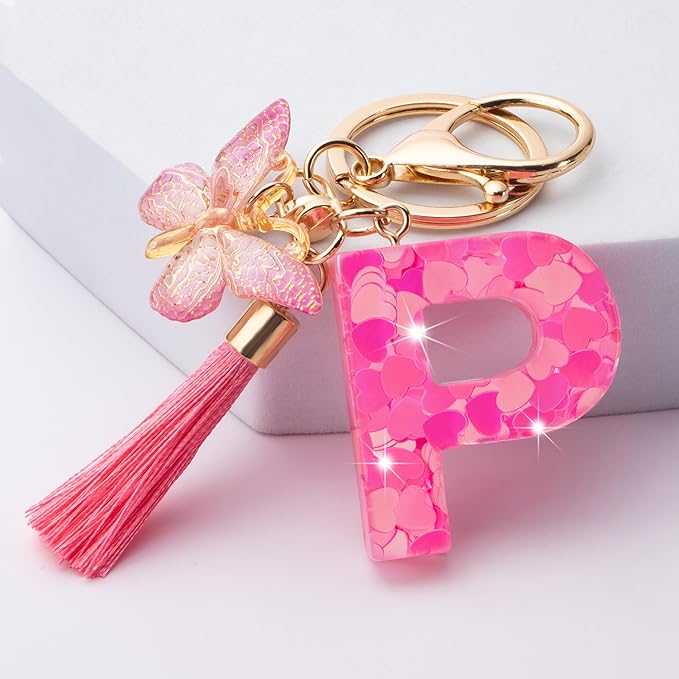 Suweibuke Colourful Cute Initial Letter Keychains for Women Girls with Tassel Butterfly, Charm for Purse Handbags Backpacks