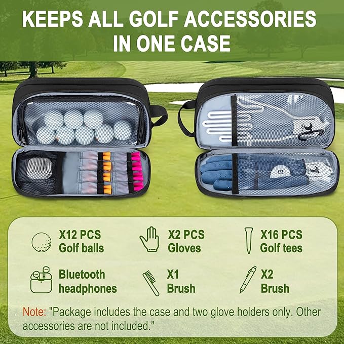 Golf Glove Holder Case with 2 Glove Shaper, Protective Golf Ball Bag Accessory Storage Organizer for Tees Balls Markers, Golf Gifts for Men Women, Black